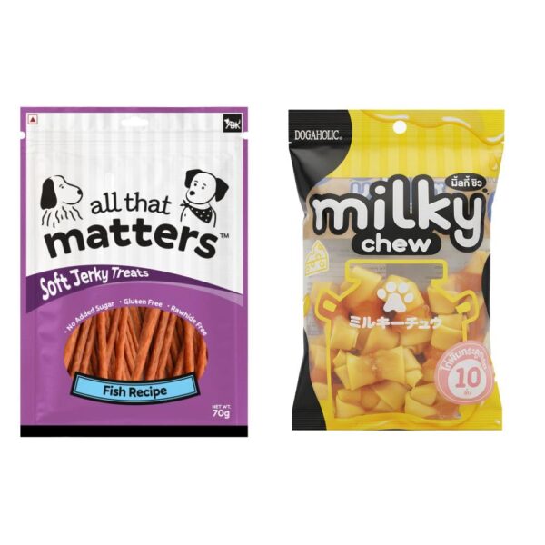 Dogaholic Milky Chew Chicken Sticks and All that Matters Fish Recipe Soft Jerky Treats Combo, 10 Pieces and 70g, for Dogs