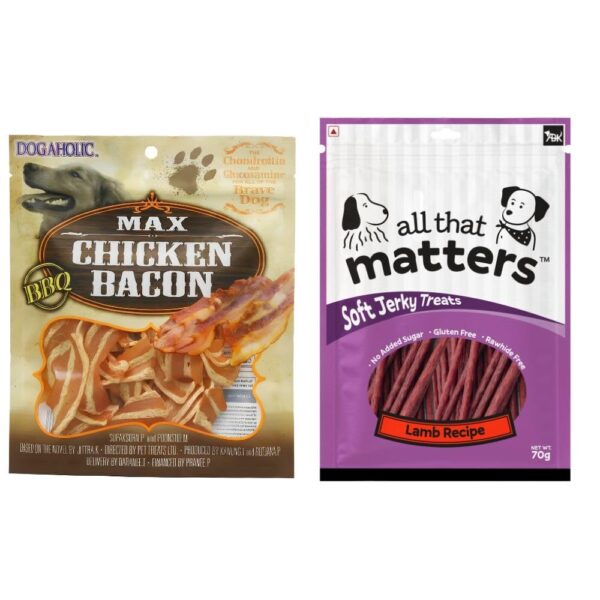 Dogaholic Max Chicken Bacon BBQ Flavour and All that Matters Soft Jerky Treats Lamb Recipe, 70g, Combo Pack