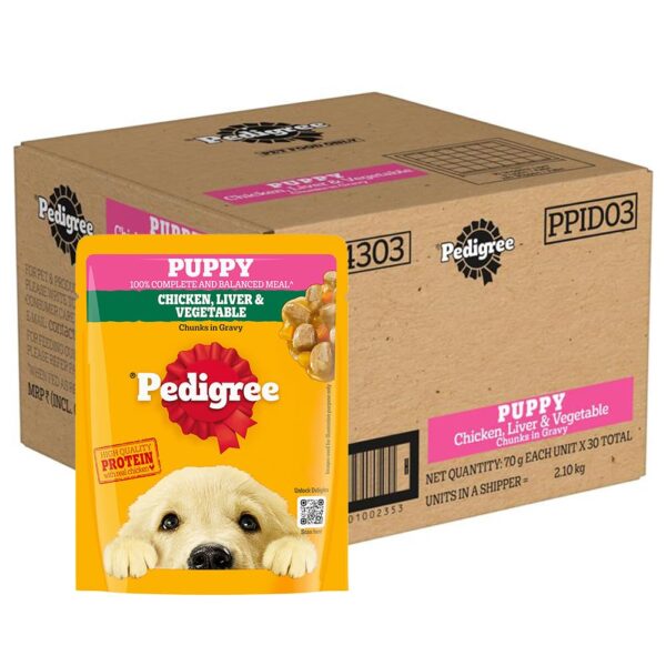Pedigree Puppy Wet Dog Food, Chicken and Liver Chunks Flavour in Gravy with Vegetables, 70 g (Pack of 30), Complete & Balanced Nutrition for Puppies