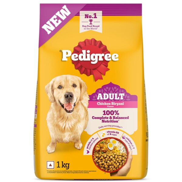 Pedigree Adult Dry Dog Food, New Chicken Biryani Flavour, 1 kg, Protein of 4 Chicken Pieces, Vitamin D3 of 6 Eggs, Calcium of 7 Cups of Yogurt, 100% Complete and Balanced Nutrition​