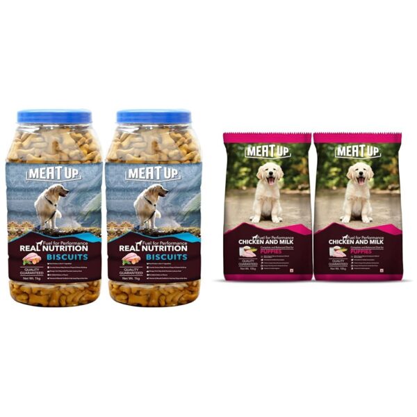 Meat Up Chicken and Milk Puppy Dry Dog Food, 10kg (Buy 1 Get 1 Free)&Meat Up Chicken Flavour Real Chicken Biscuit for All Life Stages Dog, 1kg (Buy 1 Get 1 Free)