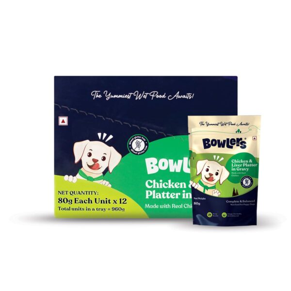 Bowlers Wet Dog Food for Puppies | Chicken & Liver Platter in Gravy |80 GMS (Pack of 12)| Gluten Free | Supports Hydration | Smooth Digestion & Healthy Coat