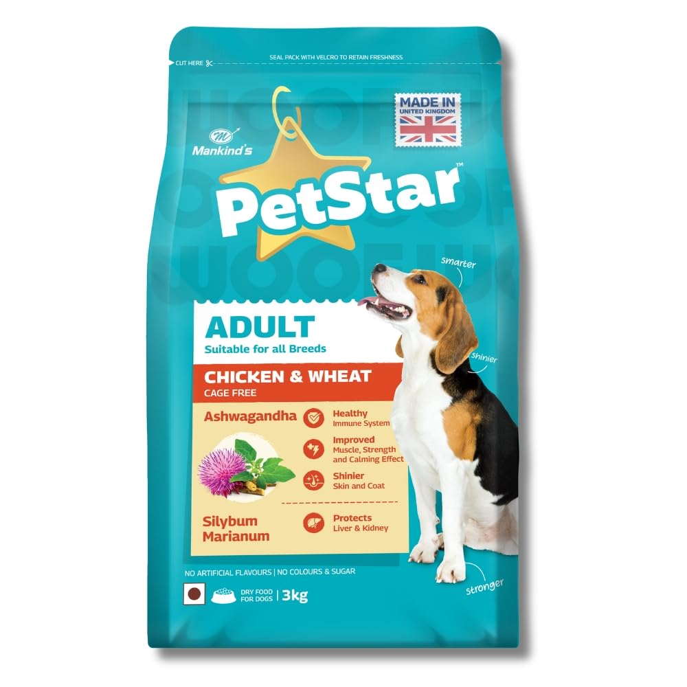 61zIk5k5PqL.716muWbBS5L.jpg Mankind Petstar Adult Dry Dog Food (High Protein) Chicken & Wheat Flavor, 3kg | Improves Muscle & Strength, Supports Immunity, Protects Liver & Kidney| Adult Dog Food - Image 1
