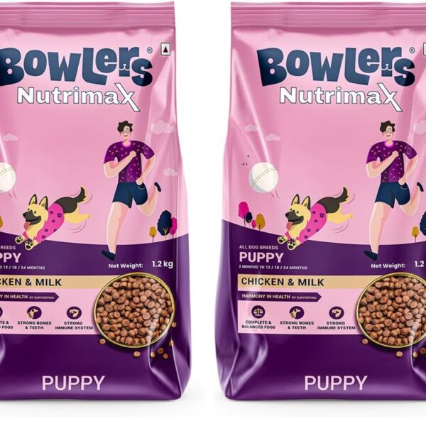 Bowlers Nutrimax Puppy Dry Dog Food | Chicken & Milk |1.2 kg | Smooth Digestion & Healthy Coat | Promote Healthy Growth | Strong Bones & Muscle Development (Pack of 2)