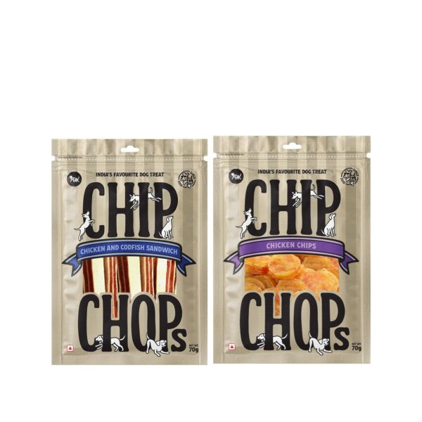 Chip Chops Dog Treats Combo (Chicken Chips Coins and Chicken & Codfish Sandwich), 70gm Each for Training, Reward and Snacking, Suitable for All Dog Breeds