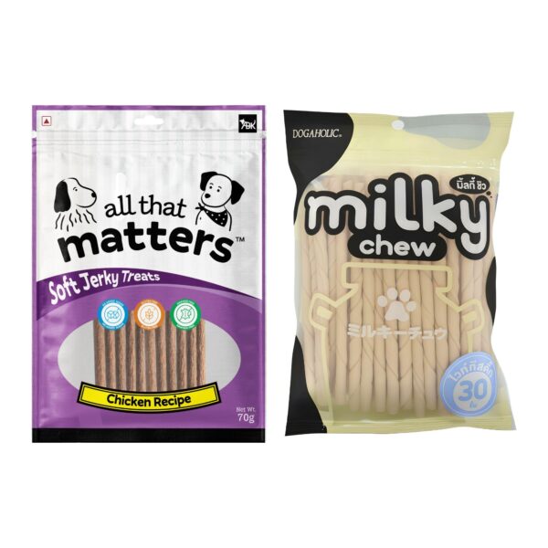 Dogaholic Milky Chew Stick Style 30 Pieces and All that Matters Chicken Recipe Soft Jerky Treats, 70g, Combo Pack for Dogs