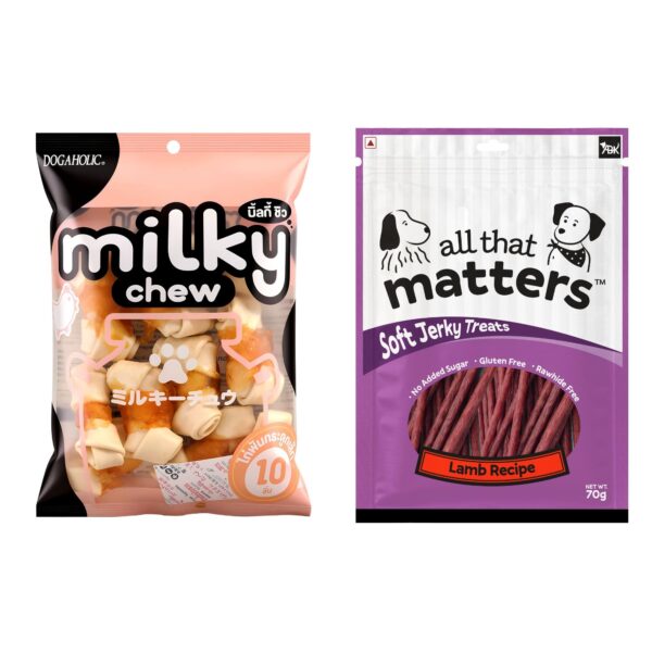 Dogaholic Milky Chew Chicken Bone Style Dog Treats and All that Matters Lamb Recipe Soft Jerky, No Added Sugar, Gluten Free, Combo Pack