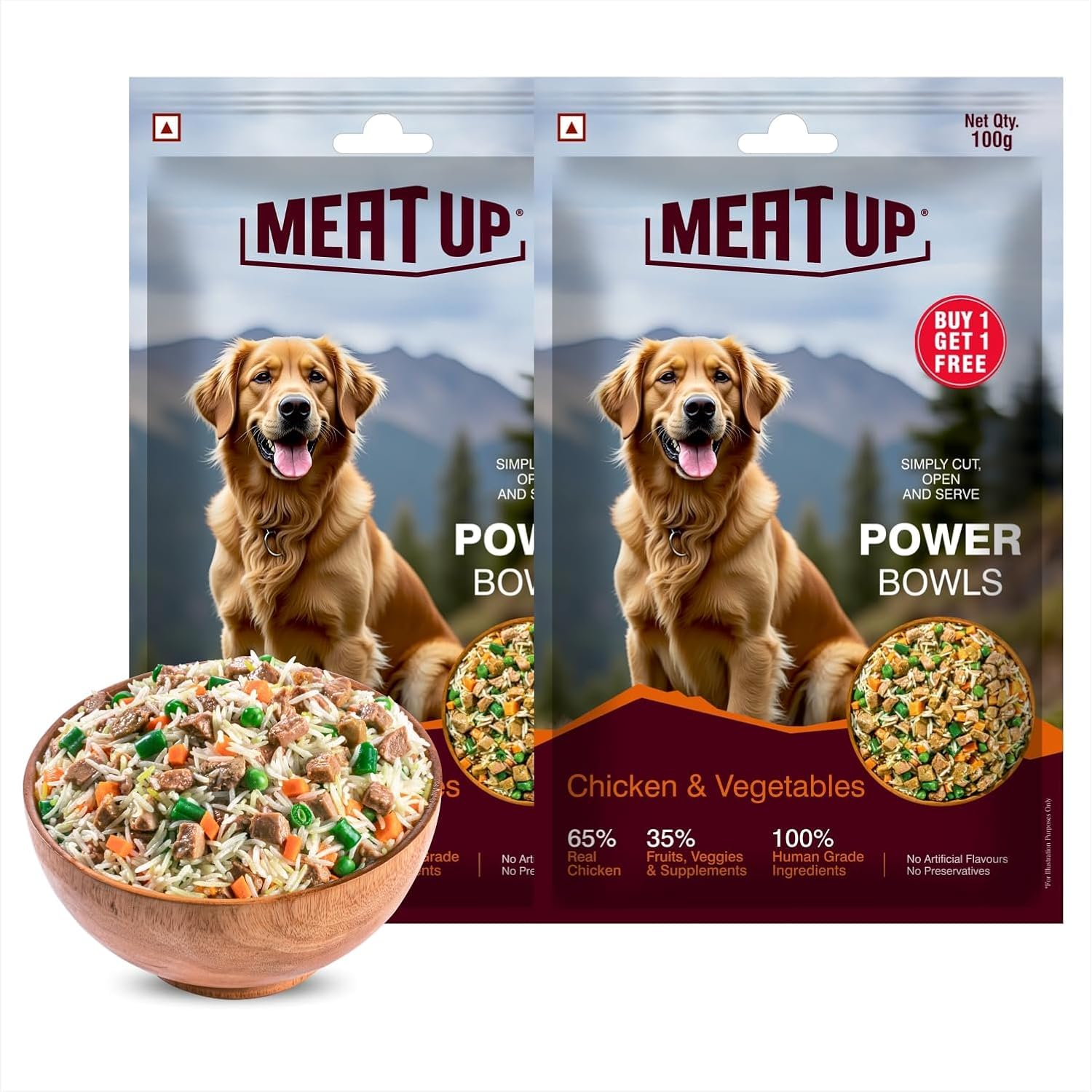 7146zP2Cv1L.716muWbBS5L.jpg Meat Up Fresh Dog Food Chicken & Vegetables, for Adult & Puppy, 100+100gm | High Protein, 65% Real Chicken, 35% Fruits & Veggies | No Preservatives | Ready to Serve | One Pack One Meal - Image 1