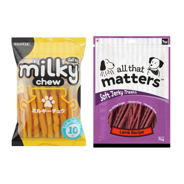 Dogaholic Milky Chew Chicken Stick Style and All that Matters Soft Jerky Treats Lamb Recipe, No Added Sugar, Gluten Free, Combo Pack of 2