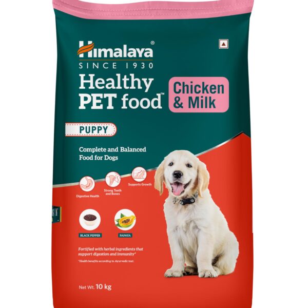 Himalaya Healthy PET Food for Puppies | Chicken & Milk | 10kg | Complete & Balanced Nutrition with Black Pepper, Oats & Papaya