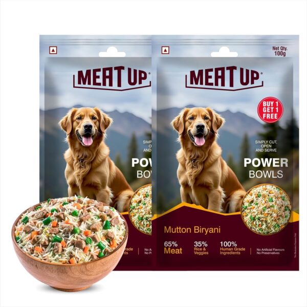 Meat Up Fresh Dog Food Mutton Biryani, for Adult & Puppy, 100+100gm | High Protein, 65% Real Meat, 35% Rice & Veggies | No Preservatives | Ready to Serve | All Breeds | One Pack One Meal