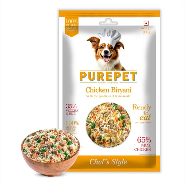 Purepet Fresh Dog Food Chicken Biryani, for Adult & Puppy, 100gm | High Protein, 65% Real Chicken, 35% Veggies & Rice | No Preservatives | Ready to Serve | All Breeds | One Pack One Meal