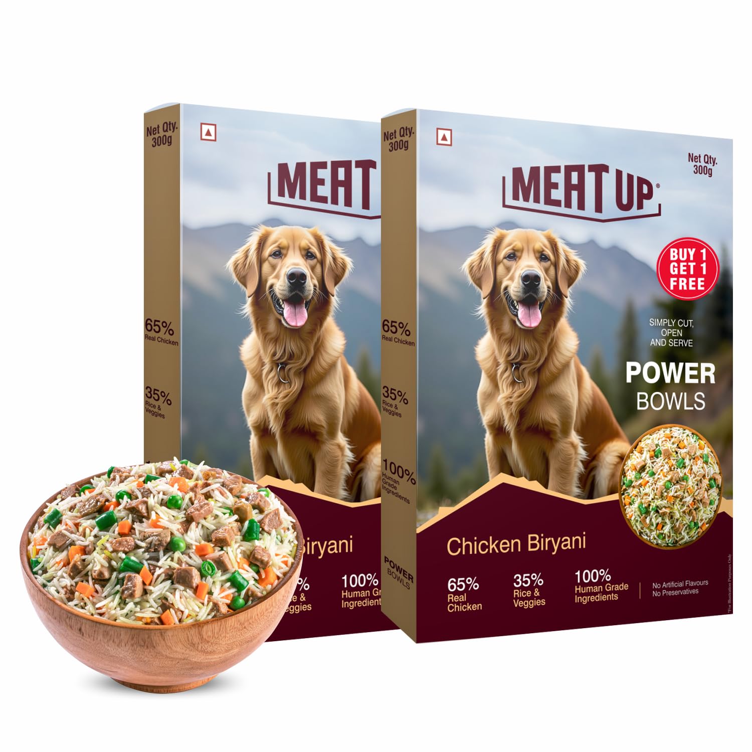 717zu3jambL.716muWbBS5L.jpg Meat Up Fresh Dog Food Chicken Biryani 300g | High Protein, 65% Real Chicken, 35% Rice & Veggies | No Preservatives | Ready to Serve | All Breeds | Single-Serve Meal - Image 1