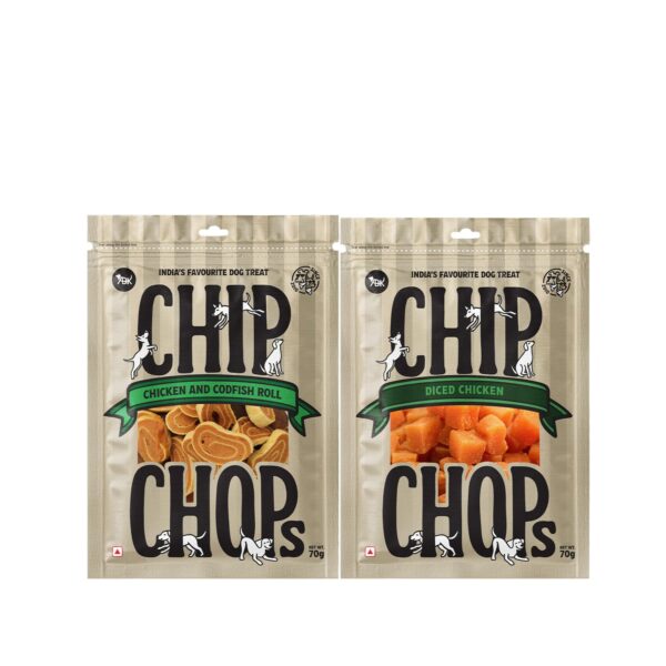 Combo of Chip Chop Dog Treat, Healthy Nutritious Treat, Chicken & Codfish Roll and Diced Chicken Tenders, Easily Digestible, Suitable for All Dog Breeds, 70 GMS Each.