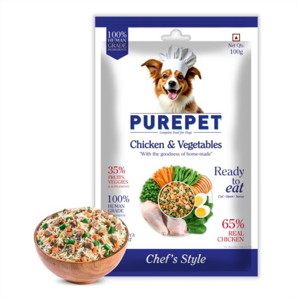 Purepet Fresh Dog Food Chicken & Vegetables, for Adult & Puppy, 100gm | High Protein, 65% Real Chicken, 35% Fruits & Veggies |No Preservatives | Ready to Serve | All Breeds | One Pack One Meal
