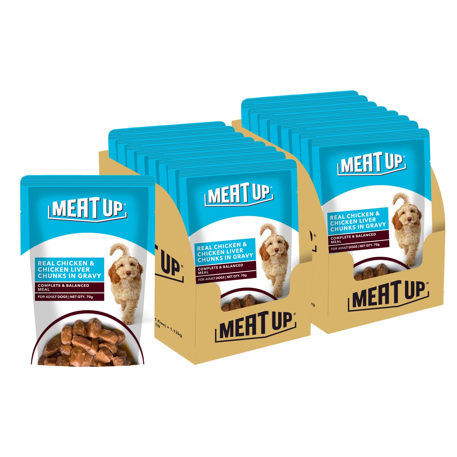 71D3y4SAyWL.716muWbBS5L.jpg Meat Up Adult Wet Dog Food (8 x 70g) 560g + 560g (Free) 1120g| Real Chicken in Gravy | Healthy Digestion | Promotes Health & Vitality | Complete and Balanced Meal - Image 1