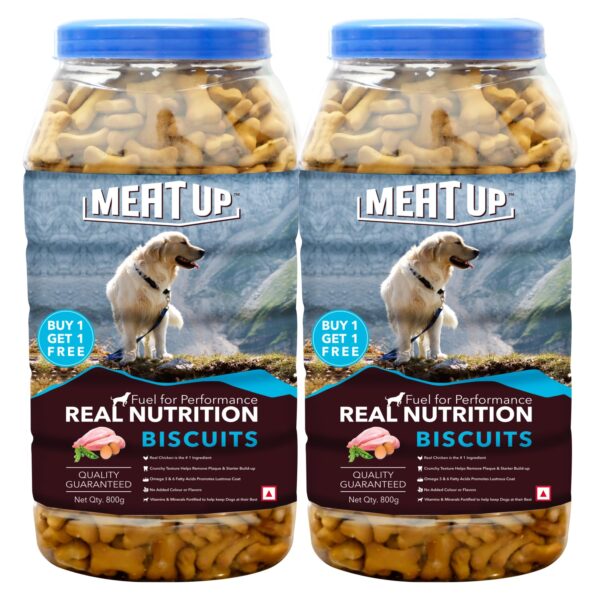 Meat Up Dog Treats Biscuits (2 x 800g Free), Total 1.6kg | Real Chicken & Milk Flavour | Helps Maintain Clean Teeth | Promotes Lustrous Coat | Complete & Balanced Nutrition (All Life Stages)