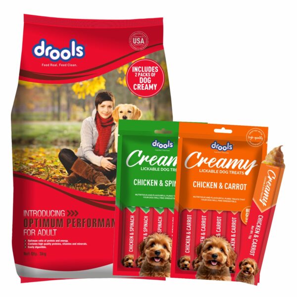 Adult Optimum Performance Dry Dog Food 3kg + 2 Creamy Dog Treats Free (75g) | Chicken Flavour | Growth Support | Lustrous Coat | Immune Support