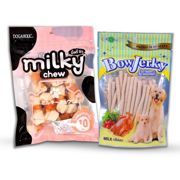 Dog Treats Combo Dogaholic Milky Chew Chicken & Milk Flavored Bone Style Snacks, 10 pc and Bow Jerky Milk Stick, 200g – Suitable for All Dog Breeds