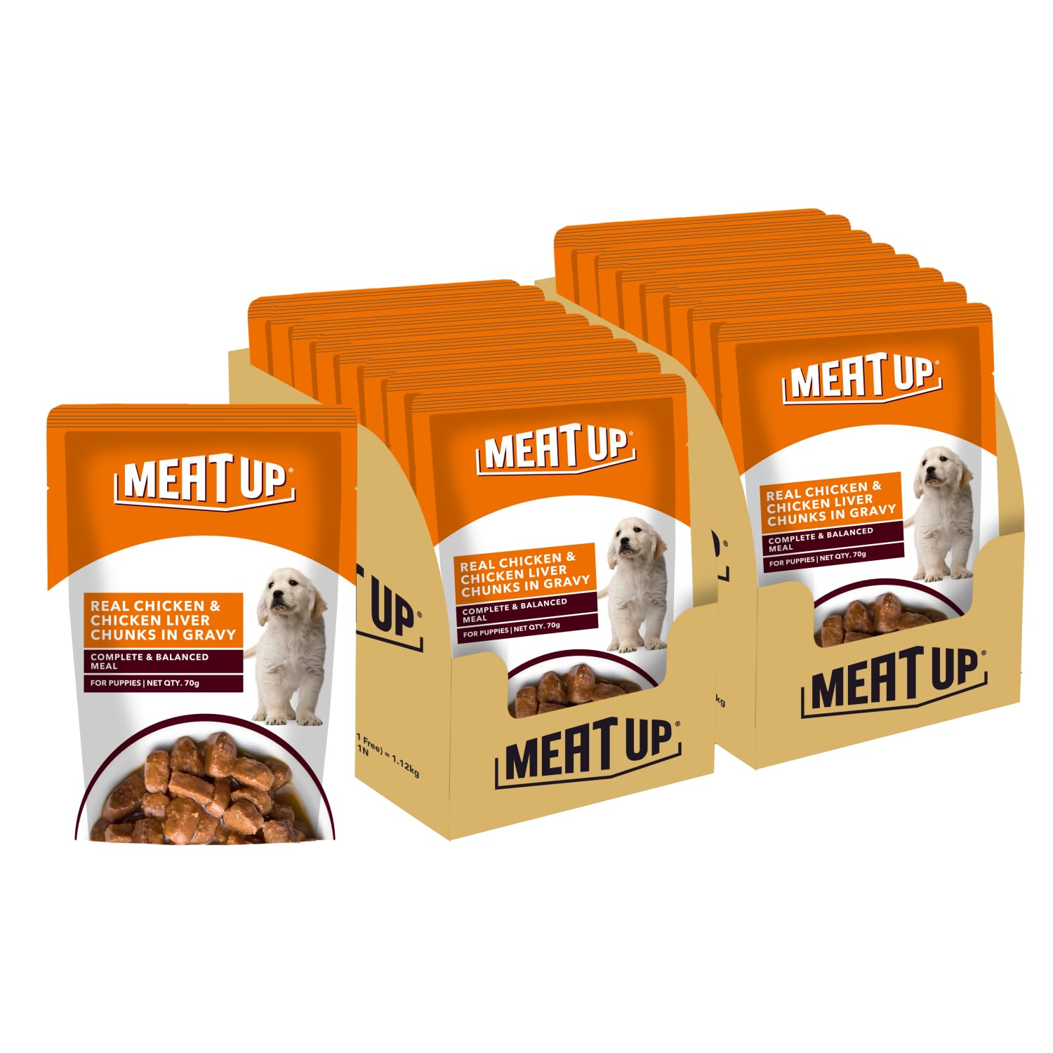 71HLpAsUGNL.716muWbBS5L.jpg Meat Up Puppy Wet Dog Food (8 x 70g) 560g + 560g Free, Total 1.12kg | Real Chicken in Gravy | Supports Digestion | Boosts Vitality | Complete & Balanced Meal - Image 1
