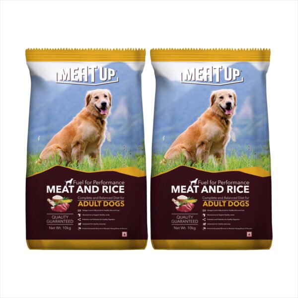 Meat Up Adult Dry Dog Food 20kg (10kg + 10kg) | Meat & Rice Flavor | Supports Healthy Skin & Coat | Enriched with Antioxidants, Vitamins and Minerals
