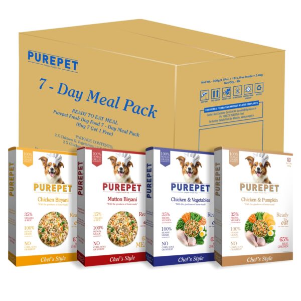 Purepet Fresh Wet Dog Food Combo Pack of 7 Biryanis – Mutton, Chicken, Vegetable & Pumpkin (8 x 300g) | Free 1 Pouch Inside | High Protein | Real Meat, Veggies | No Preservatives | Ready to Serve
