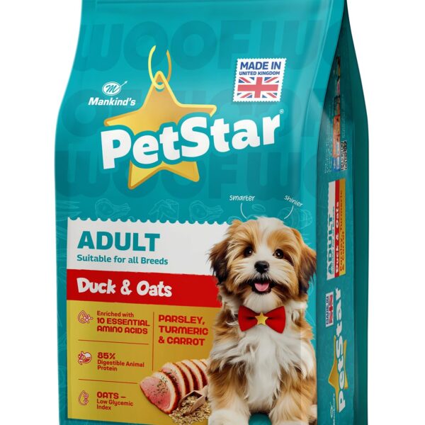Petstar Adult Dry Dog Food 1 kg, Duck & Oats, High Protein, Easy Digestion, Immunity Support, No Artificial Flavours or Added Sugar