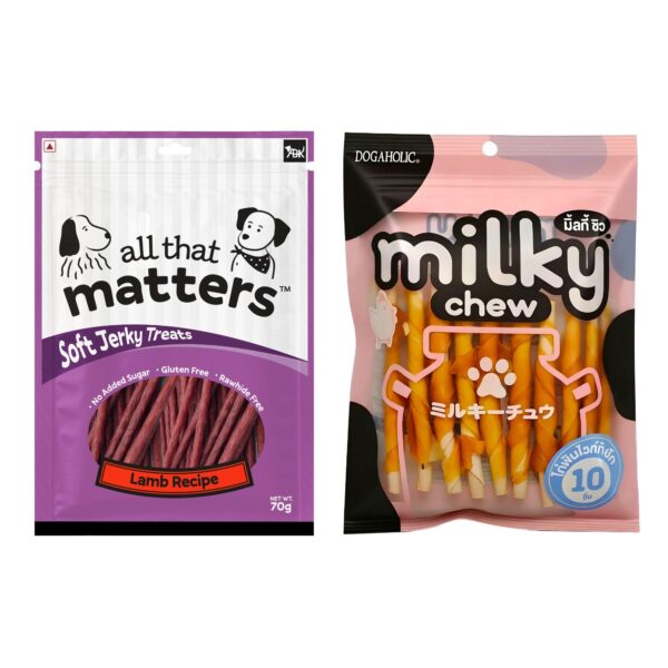 Dogaholic Milky Chew Chicken Stick and All that Matters Soft Jerky Lamb Recipe Dog Treats Combo, No Added Sugar, Gluten Free, 2 Pack