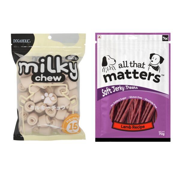 Dogaholic Milky Chew Bone Style Dog Treats and All that Matters Soft Jerky Lamb Recipe, Gluten Free, Combo Pack, 15 Pieces and 70g