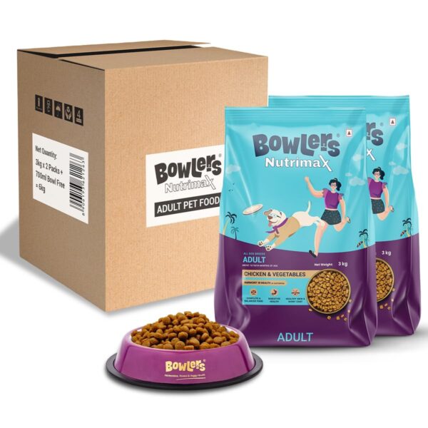 Bowlers Nutrimax Adult Dry Dog Food | Chicken & Vegetables |3 kg Pack of 2 with 700ml Bowl Worth Rs 349 Free | Smooth Digestion & Healthy Coat|Enriched with Essential Amino Acids