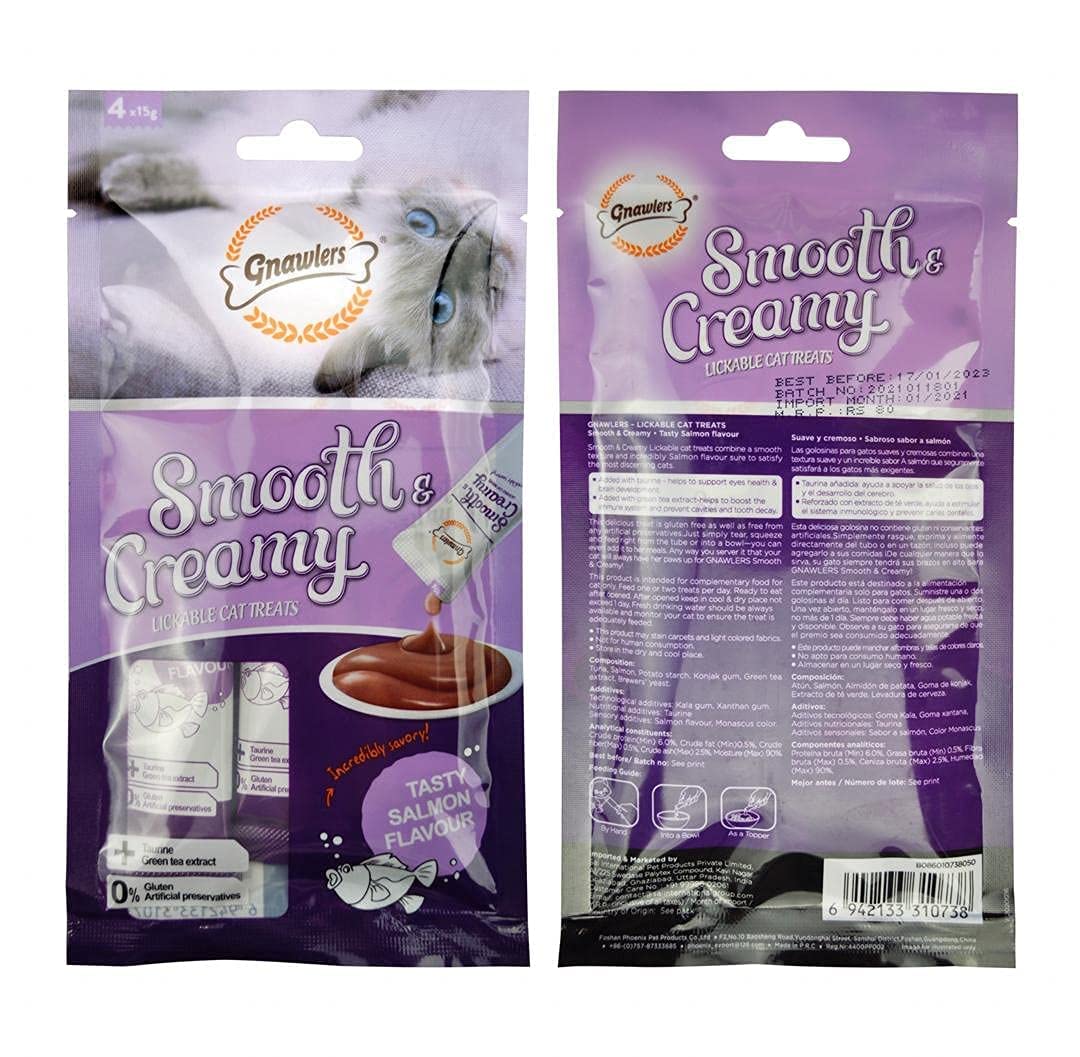 71PY3cvRqL.716muWbBS5L.jpg Pet Smooth & Creamy Lickable Cat Food Treats 4x15g in 1 (Salmon Flavor Pack of 3) - Image 1