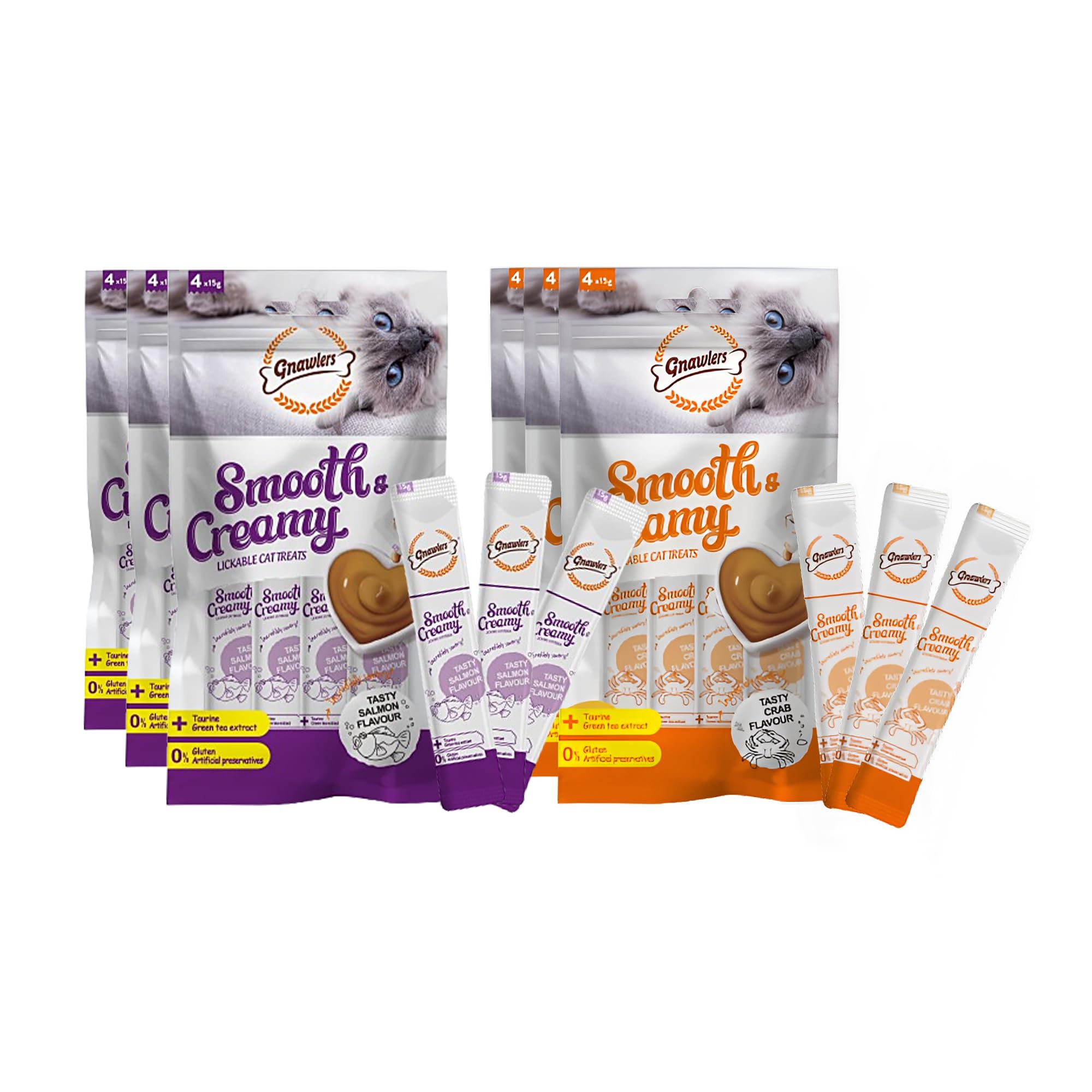 71Qd7l6YRBL.716muWbBS5L.jpg Smooth Creamy Cat Treats Combo Crab X3 Salmon X3 (Pack of 6), All Life Stages - Image 1