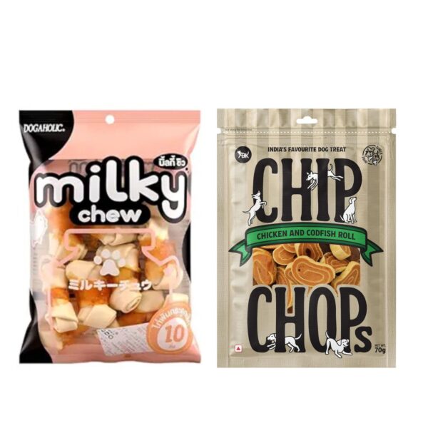 Milky Chew Chicken Bone Style 10 Pieces with Chip Chops Chicken and Codfish Rolls 70g