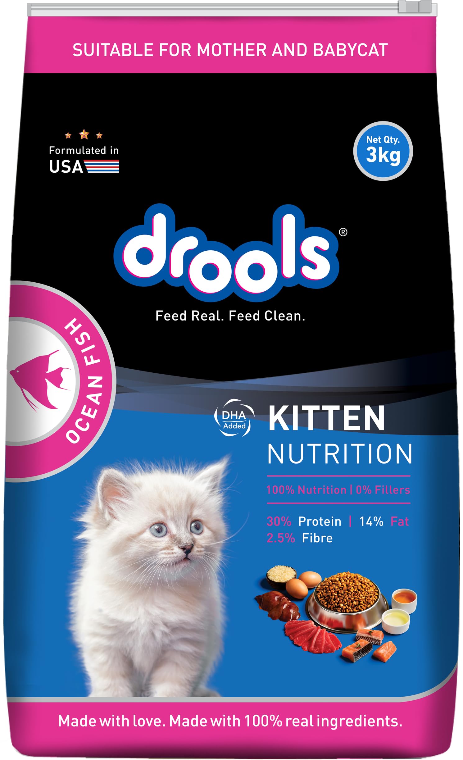 71STAnbJNLL.716muWbBS5L.jpg Dry Kitten Cat Food 3kg | Ocean Fish | Supports Skin & Coat | Aids Digestive Function | No Artificial Flavours | Controls Hairball Formation - Image 1