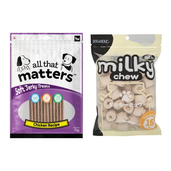 Dogaholic Milky Chew Bone Style 15 Pieces with All that Matters ATM Chicken Recipe 70g High Protein Chewy Dog Treats Healthy Training Reward Snacks for Puppies & Adult Dogs