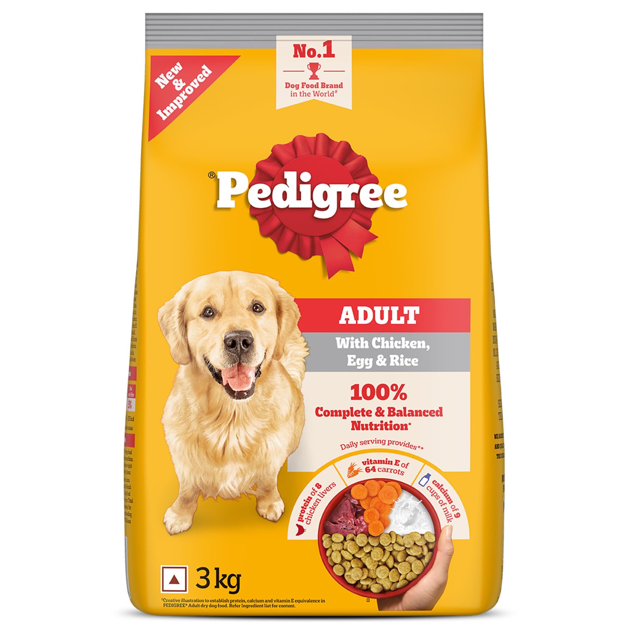 71URClZOkQL.716muWbBS5L.jpg Pedigree Adult Dry Dog Food, Chicken, Egg & Rice, 3 kg, Contains 37 Essential Nutrients, 100% Complete & Balanced Food for Adult Dogs - Image 1