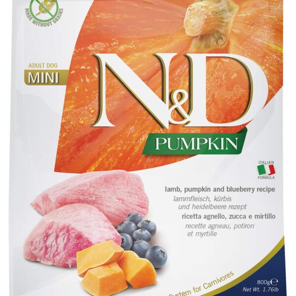 Farmina N&D Pumpkin Adult Mini Dog Food | Lamb, Blueberry & Pumpkin | Rich in Anti-oxidants|Complete Food for Adult Dogs | 0.8kg | No Artificial Preservatives
