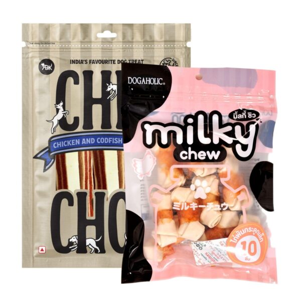 Dogaholic Milky Chew Chicken Bone Style 10 pcs and Chip Chops Chicken & Codfish Sandwich, Dog Treat Combo Pack, 70g for All Dog Breeds
