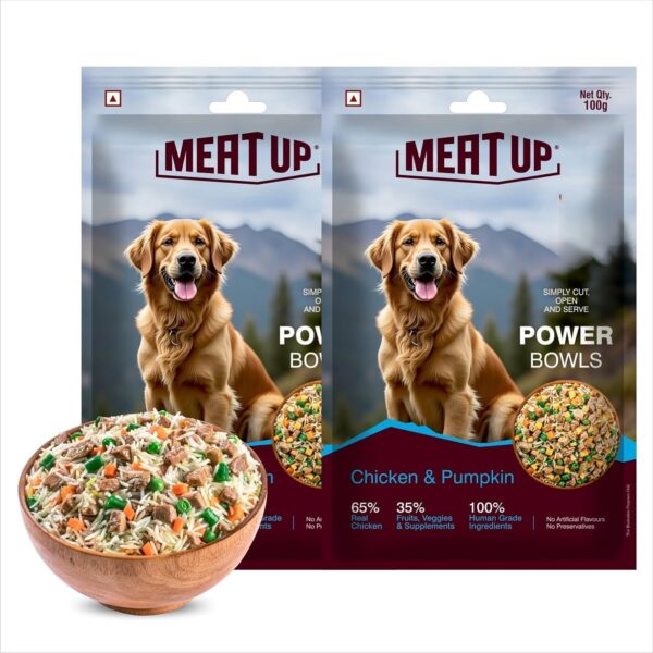 Meat Up Fresh Dog Food Chicken & Pumpkin, for Adult & Puppy, 100+100gm | High Protein, 65% Real Chicken, 35% Fruits & Veggies | No Preservatives | Ready to Serve | One Pack One Meal