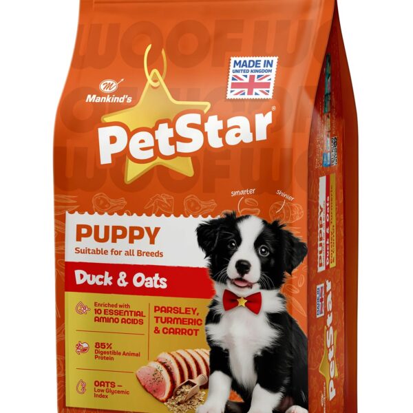 Petstar Puppy Dry Dog Food 1 kg, Duck & Oats Formula, High Protein, Gentle Digestion, Healthy Growth, No Artificial Flavours or Added Sugar