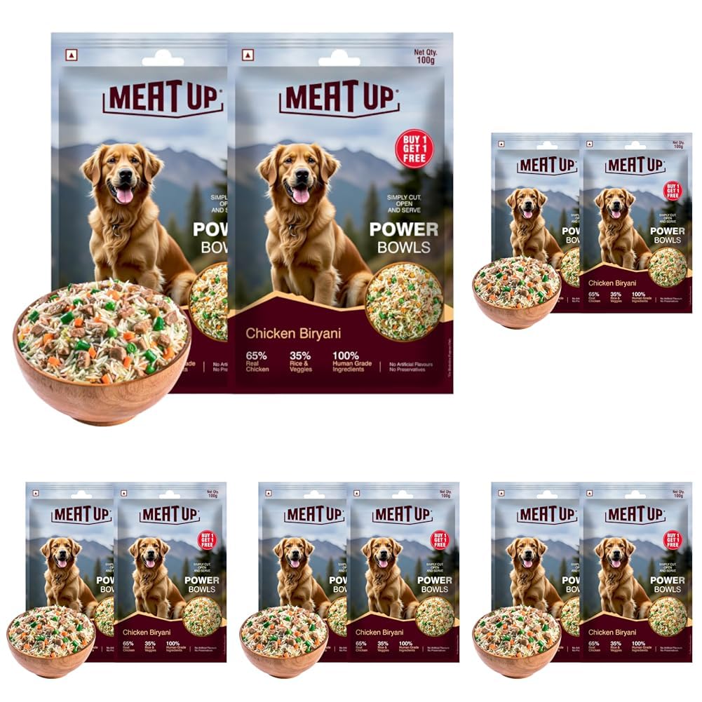 71jDuNu8pkL.716muWbBS5L.jpg Meat Up Fresh Dog Food Chicken Biryani, for Adult & Puppy, 100+100gm | High Protein, 65% Real Chicken, 35% Rice & Veggies | No Preservatives | Ready to Serve | One Pack One Meal (Pack of 5) - Image 1