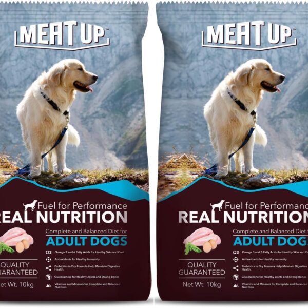 Meat Up Adult Dry Dog Food 20kg (10kg + 10kg) | Chicken Flavour | Glucosamine for Healthy Joints & Strong Bones | Enriched with Vitamins & Minerals | Supports Digestive Health