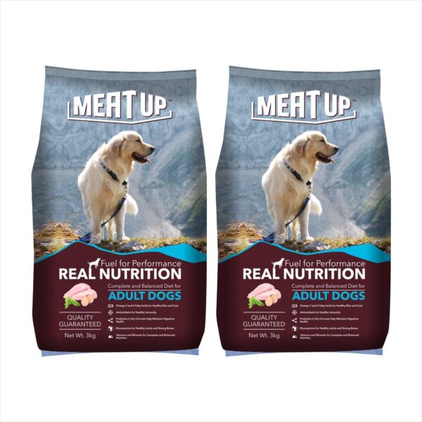 Meat Up Adult Dry Dog Food 6kg (3kg + 3kg) | Chicken Flavour | Glucosamine for Healthy Joints & Bones | Enriched with Vitamins & Minerals | Supports Digestive Health