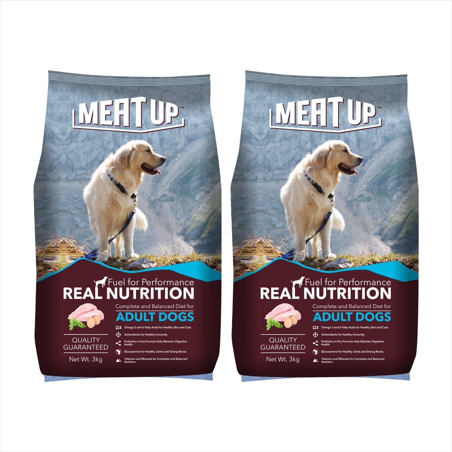 71kKlDp-ADL.716muWbBS5L.jpg Meat Up Adult Dry Dog Food 6kg (3kg + 3kg) | Chicken Flavour | Glucosamine for Healthy Joints & Bones | Enriched with Vitamins & Minerals | Supports Digestive Health - Image 1