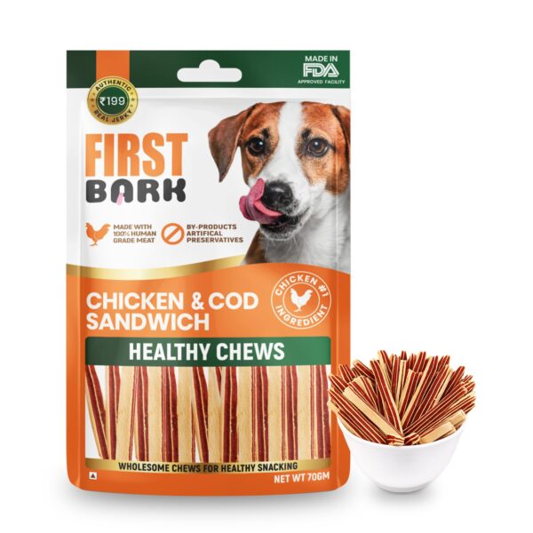 Dog Treats for Adult Dog & Puppy – Healthy Chews Chicken & Cod Fish Jerky for Dogs, Small Dogs & Shih Tzu | Dog Snacks & Puppy Treats – Chicken & Cod Sandwich (70g) x1