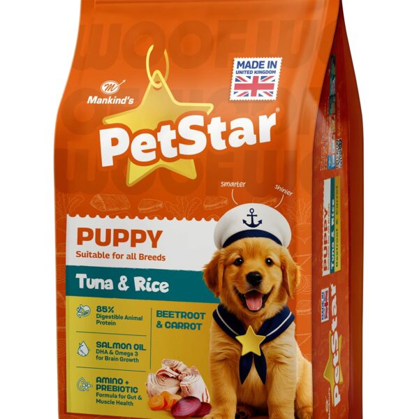 Petstar Puppy Dry Dog Food 1 kg, Tuna & Rice Formula, High Protein, Easy Digestion, Immunity Support, No Artificial Flavours or Added Sugar
