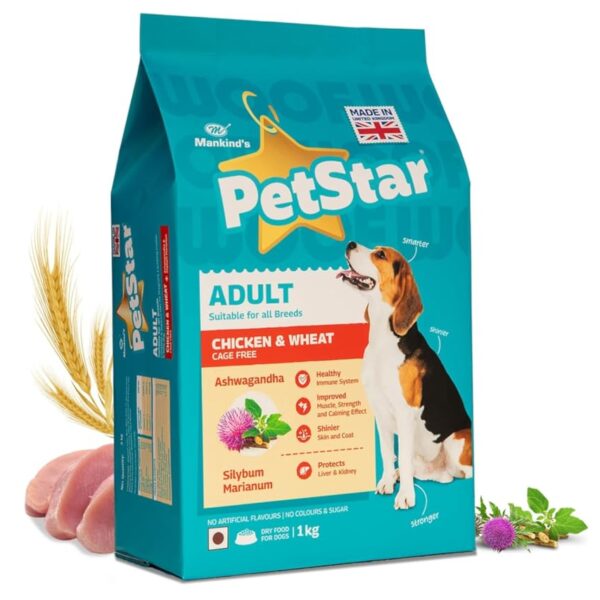 Mankind Petstar Adult Dry Dog Food (High Protein) Chicken & Wheat Flavor, 1kg (Pack of 3)| Improves Muscle & Strength, Supports Immunity, Protects Liver & Kidney