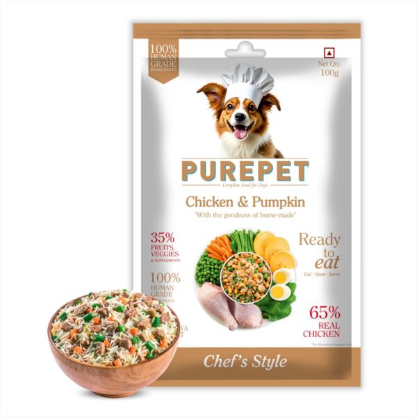 Purepet Fresh Dog Food Chicken & Pumpkin, for Adult & Puppy, 100gm | High Protein, 65% Real Chicken, 35% Fruits & Veggies | No Preservatives | Ready to Serve | All Breeds | One Pack One Meal