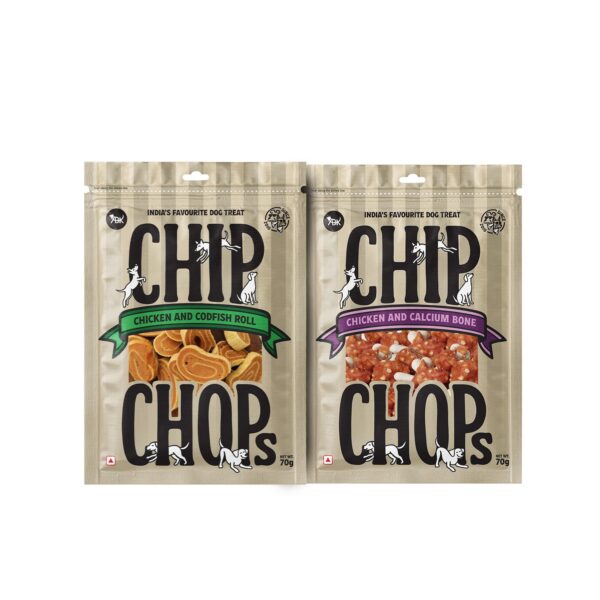 Chip Chops Dog Treats Combo Chicken and Codfish Rolls with Chicken Calcium Bone, Protein Rich Dog Snacks, Easily Digestible Training Treats for All Dog Breeds, 70g Each
