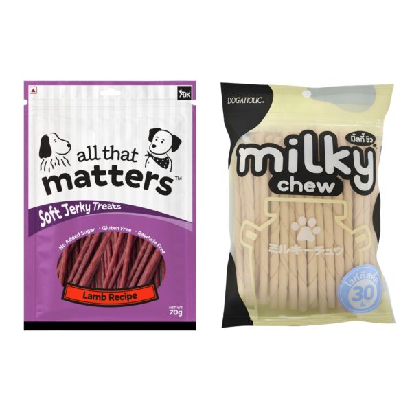 Dogaholic Milky Chew Stick Style Dog Treats Combo with All that Matters Lamb Recipe Soft Jerky, No Added Sugar, Gluten Free, 30 Pieces